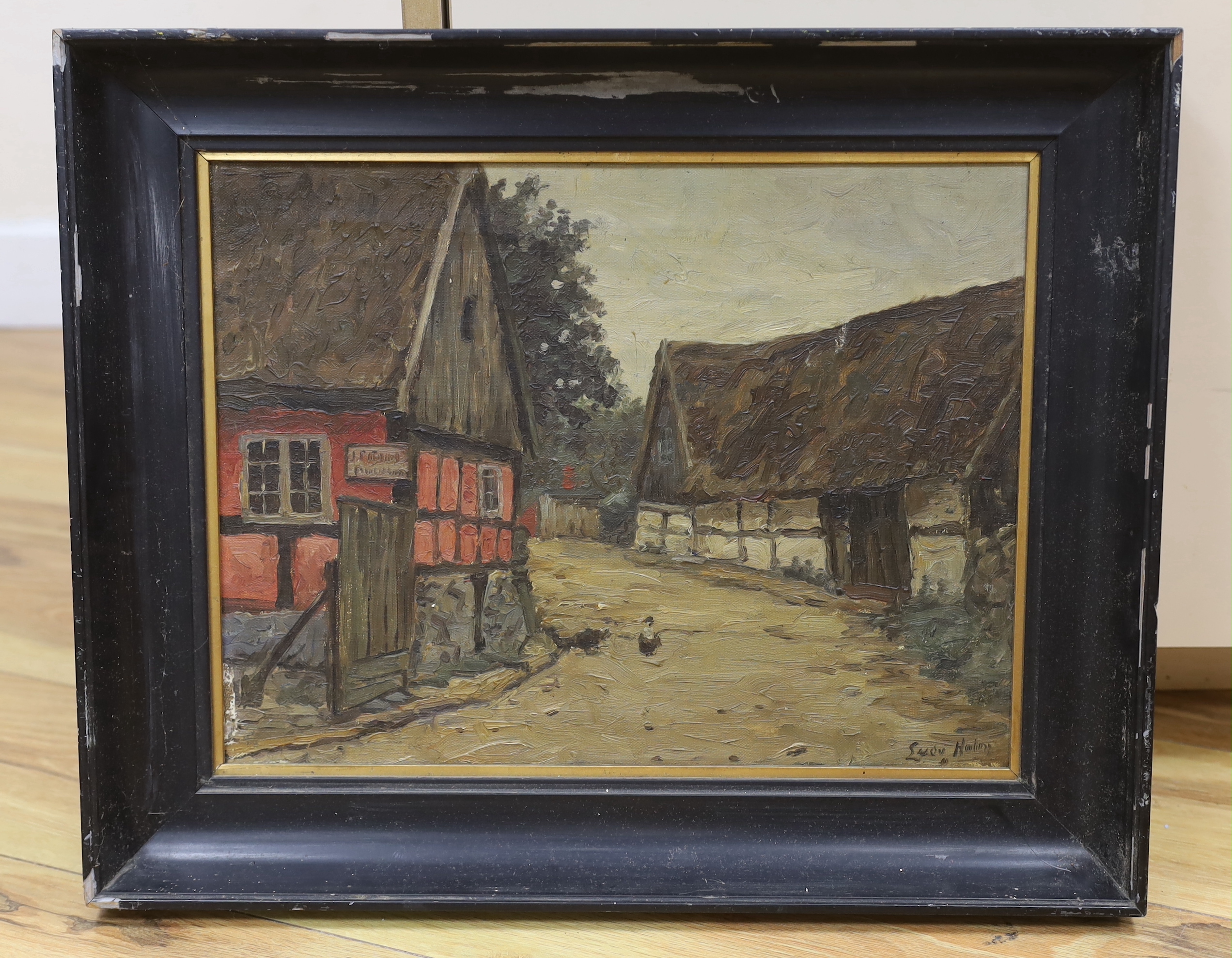 20th century, oil on canvas, Rural scene with cottages, indistinctly signed, 38 x 28cm